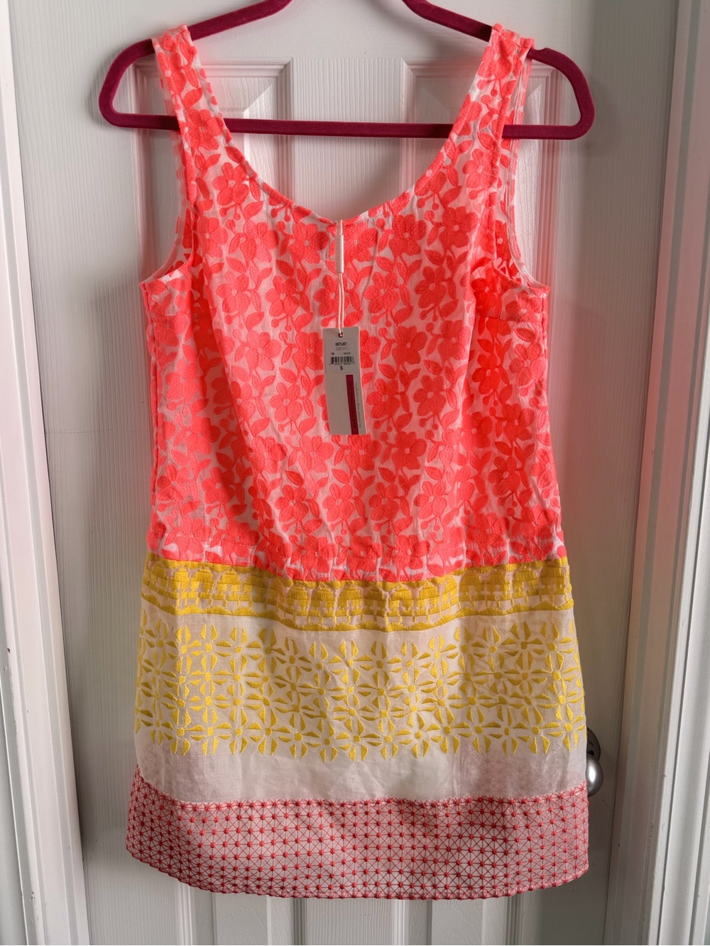 Tracy Reese Neon Coral Pink Yellow Embroidered Cotton Organdy Shift Dress Size S